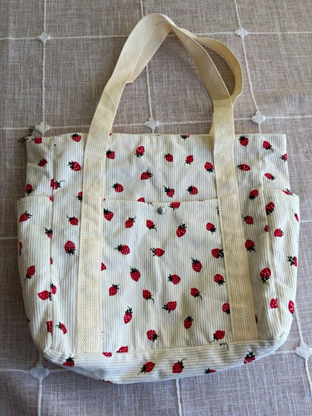 White Corduroy Tote Bag Strawberry Print, Canvas Handles Button Closure